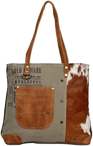 Amazon.com: Myra Bag Leather Pocket Upcycled Canvas Tote Bag S-1236, Brown, One Size: Shoes Cowhide Bag, Green Tote, Upcycled Leather, Fashion Tote Bag, Leather Pocket, Tote Bag Purse, Denim Bag, Zipper Top, Large Canvas