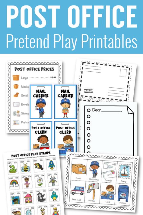 Post Office Ideas For Preschool, Dramatic Play Mail Center Preschool, Pretend Play Post Office Free Printables, Post Office Theme Preschool Activities, Pretend Post Office, Mail Carriers Preschool Activities, Free Post Office Printables, Postman Activities Preschool, Free Post Office Play Printables