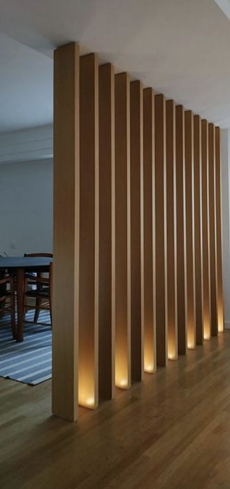 Pargola Design For Wall, Pargola Design For Living Room, Wood Divider Wall Interior Design, Separate Rooms Without Walls, Wood Slat Room Divider, Wooden Partition, Modern Partition Walls, Wood Partition, Partition Designs