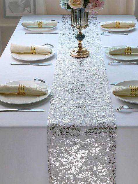 1pc 28x300cm/28x500cm/28x1000cm Metallic Foil Sequin Mesh Table Runner For Parties, Anniversaries, Birthdays, Weddings, Banquets, Holidays, New Year Decor, Home Decor Silver    Polyester     Event & Party Supplies, size features are:Bust: ,Length: ,Sleeve Length: Silver Wedding Anniversary Table Decor, White And Silver Christmas Table Decor, Silver Wedding Decorations Receptions, Silver Centerpieces For Party, New Years Table Setting, 25th Wedding Anniversary Party Ideas Decorations, 25 Year Anniversary Party, Silver Anniversary Ideas Decorations, Silver Table Decorations