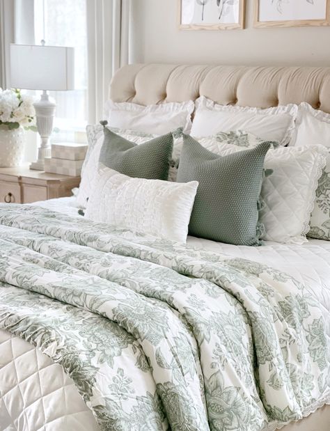 New My Texas House Spring Bedding Sets Now At Walmart Stores - My Texas House Farmhouse Sage Bedroom, Spring Farmhouse Bedroom, Cream And Tan Bedding, My Texas House Bedding, Master Room Bedding Ideas, Beautiful Farmhouse Bedrooms, Master Bedrooms Decor Cozy Romantic Green, Farmhouse Bedroom With Green Accents, My Texas House Walmart