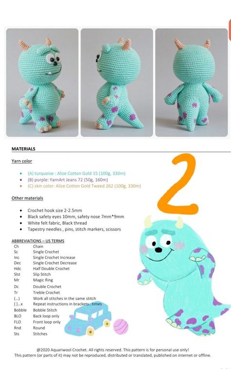 Monsters Inc Crochet Pattern Free, Monsters Inc Crochet, Crochet Doll Tutorial, Easy Crochet Animals, Crochet Monsters, Crochet Fairy, Crochet Disney, Crochet Dolls Free Patterns, Pola Amigurumi