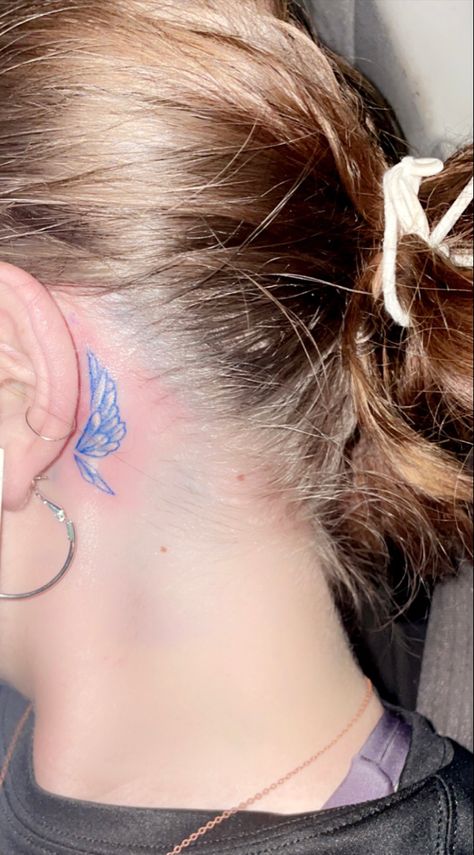 i got this tattoo in remembrance of my nephew that passed away. his favorite color was blue so getting blue ink just added more sentimental value to it. forever in my heart 6/18/20 🕊 Behind The Ear Tattoo Ideas Angel Wings, Blue Wings Tattoo, Angle Wing Behind Ear Tattoo, Blue Angel Tattoo, Angel Wing Ear Tattoo, Angel Wings Behind Ear Tattoo, Blue Ink Tattoo Words, Angel Ear Tattoo, Wing Ear Tattoo