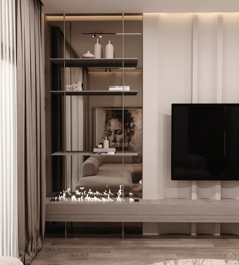 Tv Cabinet Interior Design, Tv Partition Design Living Rooms, Formal Living Room With Tv, Tv Unit In Bedroom Modern, Tv Room Ideas Modern, Living Room Designs Tv, Tv Unit Shelves, Tv Unit In Bedroom, Wall Tv Design