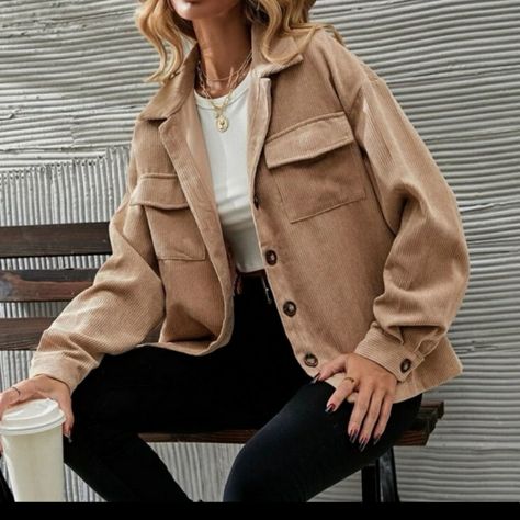 Khaki Oversized Lightweight Button Front Corduroy Jacket Flap Pockets Non Stretch 100% Polyester Sizes: S M L Made In China Tan Jacket, Women Jackets, Casual Outerwear, Moda Boho, Jumpsuits And Romper, Jacket Outfit, Casual Vest, Oversized Jacket, Corduroy Jacket