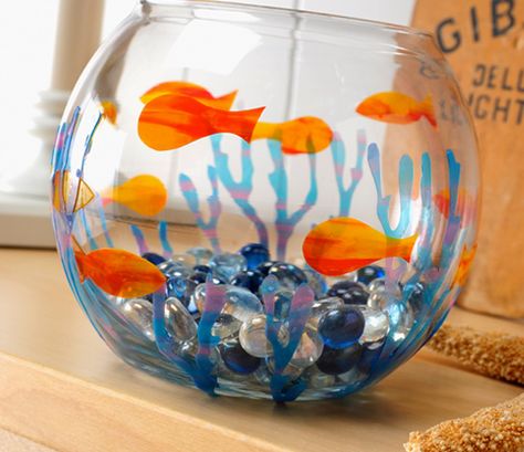 Glass Bowl Painting Ideas, Painted Fish Bowl, Fishbowl Painting, Gallery Glass Ideas, Fish Bowl Ideas, Shell Jar, Painting Bottles, Bowl Painting, Plaid Online