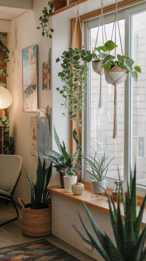 26  Easy Window Décor Tips to Elevate Any Room — #16 Will Surprise You! Wall Opening Between Rooms Decor, Plant Hanging In Window, Window Shelf Plants, Shelves Above Windows Living Room, Window Plant Hanging Ideas, Window Sill Ideas Decoration Living Room, Plants Above Window, Window Ledge Decor Living Room, No Trim Windows