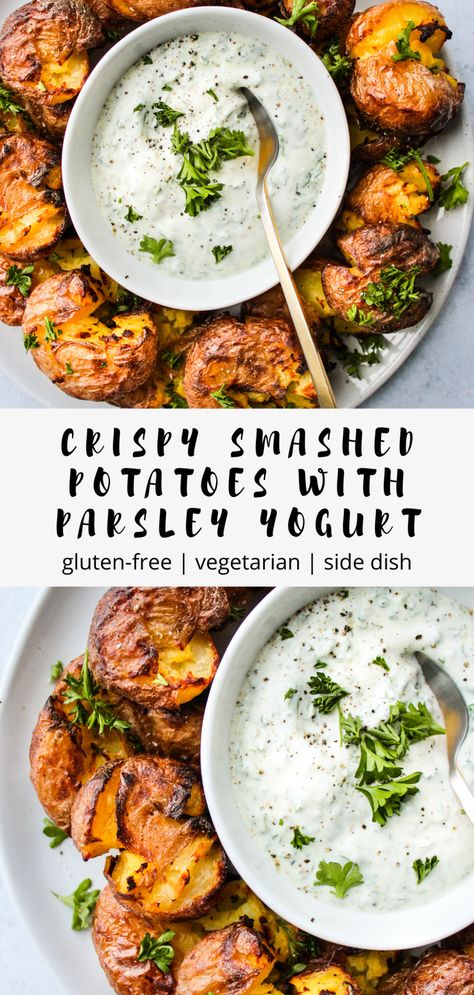 Crispy Smashed Potatoes With Parsley Yogurt Sauce | Walder Wellness Walder Wellness, Easy Veggie Side Dish, Greek Yogurt Sauce, Veggie Side Dish Recipes, Crispy Smashed Potatoes, Gluten Free Sides Dishes, Greek Yogurt Recipes, Vegetarian Side Dishes, Easy Veggie