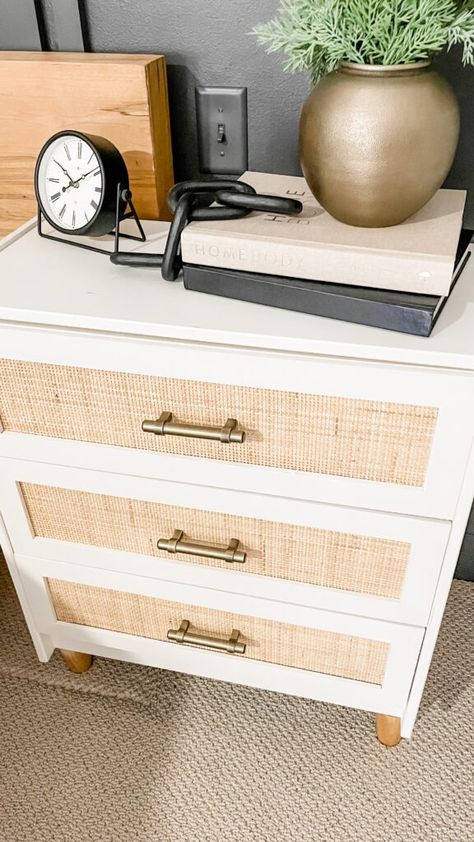 Cane Webbing: Nightstand Ikea Hack | The Gibby Home Ikea Rattan Hack, Nightstand Ikea, Ikea Dresser Hack, Nightstand Makeover, Cane Webbing, Ikea Dresser, Furniture Flip, New Bedroom, Diy Drawers