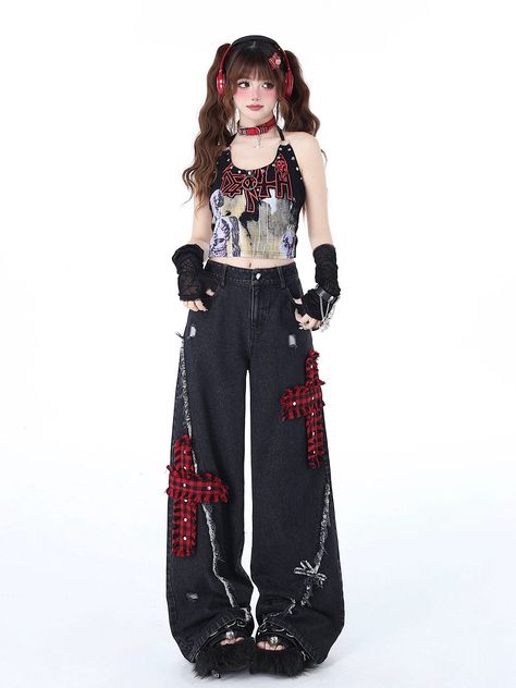 ❤︎Street Diary Wide Denim Pants❤︎ Punk Girl Fashion, Wide Leg Jeans Women, Punk Jeans, Estilo Harajuku, Career Outfits, Mode Kawaii, Mode Punk, Music Career, Black Punks