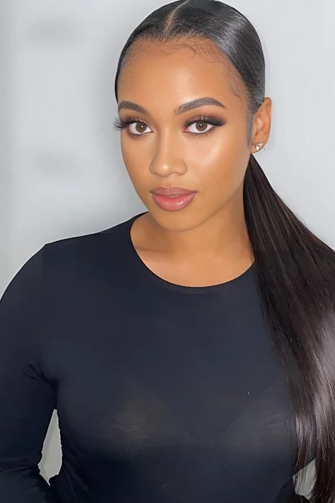 Middle Part Low Ponytail Hairstyle Low Ponytail With Middle Part, Flick Ponytail, Low Middle Part Ponytail, Low Middle Part Ponytail Weave, Middle Part Low Ponytail, Middle Part Ponytail Black Women, Low Pony Hairstyles Black, Middle Part Ponytail, Low Ponytail Hairstyle