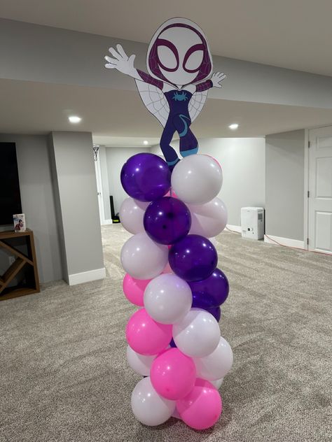 Spider Gwen Balloon Garland, Ghost Spider Party Decorations, Ghost Spider Birthday Party Favors, Ghost Spider Valentine Box Ideas, Spider Gwen Cupcakes, Ghost Spider Piñata, Ghost Spider Birthday Party Food, Girl Spidey Birthday Party, Girl Spider Man Birthday Party