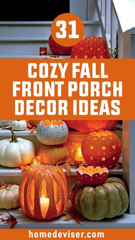 31 Fall Front Porch Decor Ideas Outside Fall Decorations Front Yards, Pumpkin Porch Decor, Outside Fall Decorations, Minimalist Fall Decor, Fall Porch Decor Ideas, Fall Front Porch Decor Ideas, Front Porch Decor Ideas, Fall Porch Decor, Porch Pumpkins