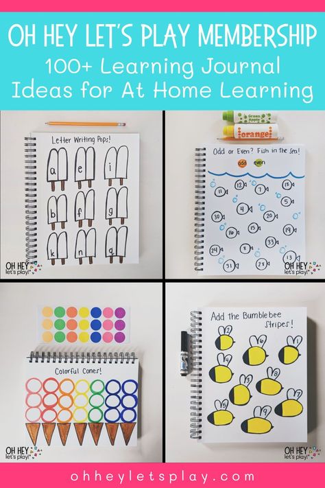 Make learning at home fun with over 100 learning journal ideas for your toddler, preschooler, kindergartener, or early elementary child. Oh Hey Let’s Play Learning Journal Membership includes learning journal ideas to target math and literacy concepts with your child at home including colors, shapes, number recognition, letter recognition, sight words, spelling, addition, subtraction, and more. The best part?! All of these activities can be personalized to your child. Join here. Kids Learning Journal Ideas, Pre K Learning Journal, Toddler Learning Journal Name, Prek Journal Prompts, Journal Activities For Toddlers, Activity Journal For Kids, Learning Journals Early Years, Oh Hey Lets Play Journal, Kindergarten Learning Journal