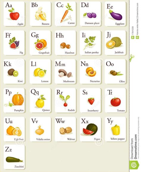 Fruits And Vegetables  Alphabet Cards - Download From Over 54 Million High Quality Stock Photos, Images, Vectors. Sign up for FREE today. Image: 17941239 Preschool Food, Letter Activity, Preschool Cooking, Fruit Names, Writing Practice Worksheets, Alphabet Charts, Alphabet Cards, Alphabet Flashcards, English Alphabet