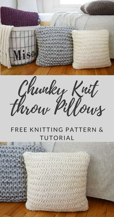 These super chunky throw pillows knit up in almost no time at all! Click for the free pattern and video tutorial from kniftyknittings.com!  #knitting #knittingpatterns #knittingtutorials Chunky Pillow, Chunky Knit Pillow, Super Chunky Knit, Throw Pillow Set, Easy Knitting Projects, Pola Amigurumi, Knit Purl, Knit Pillow, Easy Knitting Patterns