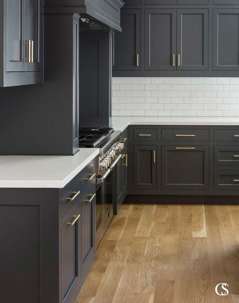 Best Paint Colors for Dark Kitchen Cabinets - Plank and Pillow Classic Timeless Kitchen, The Fox Group, Grey Painted Kitchen, Fox Group, Charcoal Kitchen, Dark Grey Kitchen Cabinets, Light Countertops, Maria Killam, Timeless Interior Design