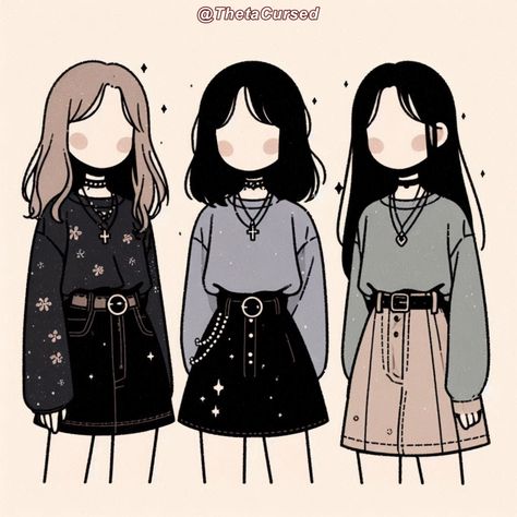 Outfit Ideas Summer Drawing, Items As Humans, Asthetic Outifts Drawings, Cute Drawn Outfits, Cute Cartoon Hairstyles, Drawings Of Friends Group Of 5, Chibi Clothing, Chibi Outfits, Outfit Art