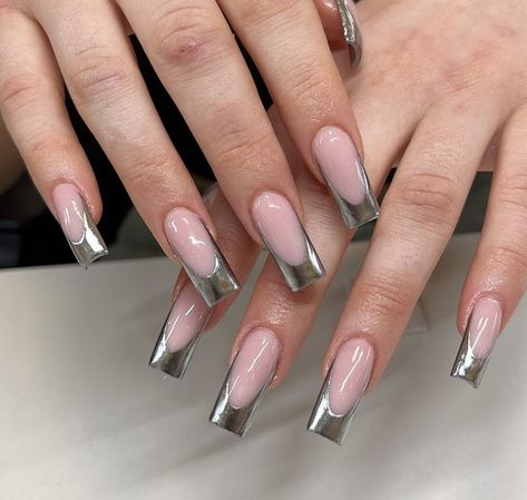 Medium Chrome French Tip Nails, Long Chrome French Tip Nails, Chrome French Tip Nails Long, Square Flare Acrylic Nails, Chrome Inspo Nails, Nail Inspired 2023, Silver Chrome French Tip Nails Square, Perfect Photo Dump Order, Gel Nails With French Tip