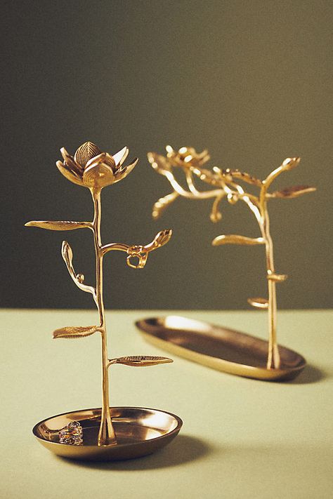 Mina Floral Gold Metal Jewelry Stand by Anthropologie, Size: Small Jewellery Stand Aesthetic, Jewellery Holder Diy, Jewelry Making Station, Clay Jewelry Display, Charm Display Ideas, Aesthetic Jewelry Holder, Jewelry Organizer Aesthetic, Company Gift Ideas, Wall Jewelry Display