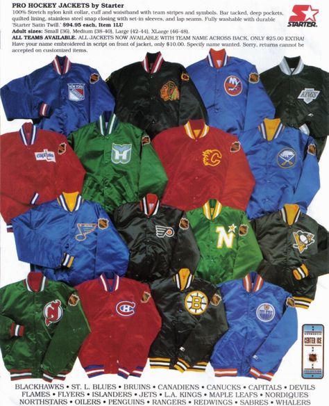 NHL Starter Jacket Advert (Since the Devils jacket is still Green and its for the 'Center Ice' collection, my guess is 1991) Streetwear Ads, Nba Clothes, Tsunami Project, Hockey Jacket, Retro Jackets, Vintage Sports Clothing, College Jacke, Dodgers Jacket, Black Men Fashion Urban