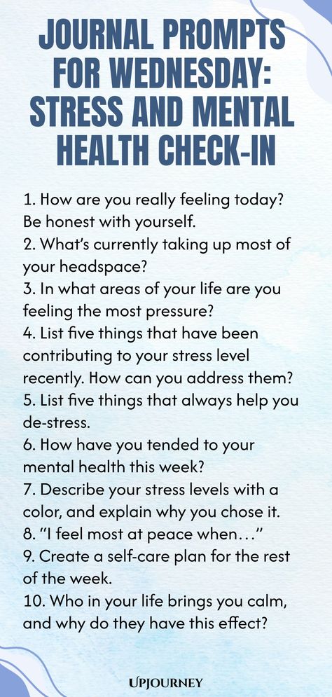 Discover insightful journal prompts for Wednesday focused on stress and mental health check-in. Explore self-reflection and promote wellness with these thought-provoking prompts. Take time to connect with your thoughts and emotions, prioritizing your mental well-being. Utilize these prompts to foster inner growth and nurture your mind-body connection. Embrace this opportunity for self-care and introspection as you navigate the challenges of the week ahead. Journaling can be a powerful tool for u Mental Health Check In, 100 Journal Prompts, Mental Health Questions, Thoughtful Questions, Work Etiquette, Psychology Terms, Relationship Quizzes, Counseling Worksheets, Journal Questions