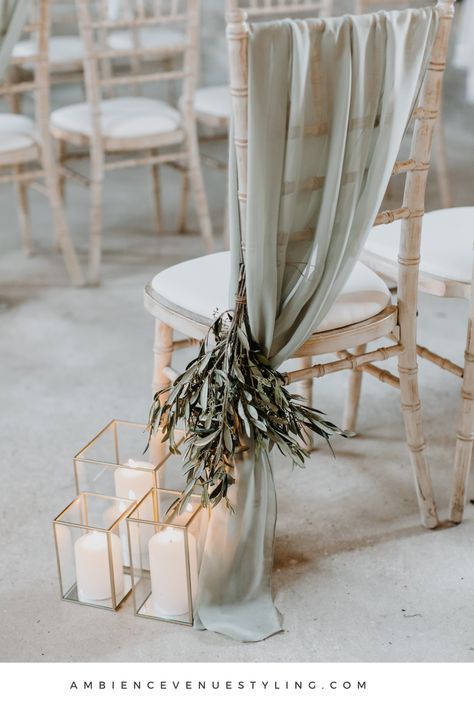 Italian romance like no other with this seductively elegant aisle style! Wedding ceremony styled at Home Farm Barns, Hampshire, UK. #stylemywedding #weddingdecor #italianinspired #elegantwedding #chairdecor Wedding Ceremony Pew Decorations, Classic Chic Wedding Decor, Wedding Themes Spring Elegant, Sage Green And White Wedding Aisle, Sage Green Wedding Aisle Decor, Ceremony Chairs Wedding, Sage Green Outdoor Wedding Ceremony, Elegant Aisle Decor, Isle Chair Decor Wedding