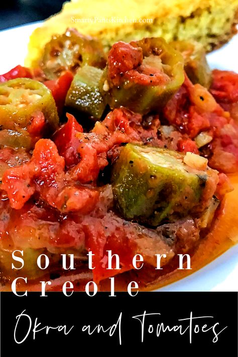 You'll love this easy Southern dish from the deep South! Call it smothered or stewed okra and tomatoes with a Creole spin!   #easyokraandtomatoesrecipe #southerndish #deepsouthdish #smotheredokraandtomatoes #stewedokraandtomatoes #tomatoesandokrarecipe #easytomatoesandokrarecipe #southerncomfortfood Okra With Tomatoes, Creole Okra And Tomatoes, Tomatoes And Okra Over Rice, Canned Tomato And Okra Recipe, Okra And Tomatoes Southern With Sausage, Tomatoes And Okra Stewed, Ground Beef Okra Recipe, Okra And Stewed Tomatoes, Okra Creole Recipe