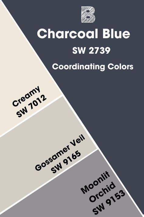 Sherwin Williams Charcoal Blue SW 2739: Color Review Charcoal Blue Complimentary Colors, Charcoal Blue Sherwin Williams Coordinating Colors, Sw Charcoal Blue Coordinating Colors, Sherwin Williams Medium Blue, Basalt Powder Sherwin Williams Paint, Moonlit Orchid Sherwin Williams, Sherwin Williams Charcoal Blue Cabinets, Charcoal Blue Accent Wall, Charcoal Blue Sherwin Williams Exterior