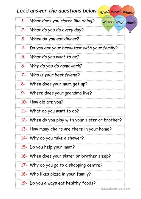 QUESTIONS WORDS / SPEAKING ACTIVITY - English ESL Worksheets for distance learning and physical classrooms Speaking Activities English, Speaking Cards, English Conversation Learning, Presente Simple, Speaking Activity, Education Tools, Esl Teaching Resources, English Teaching Materials, Discussion Starters