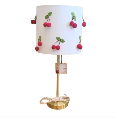 Cherry Design Lamp With A Brass Base, White Cherry Design Shade, And Clear Cord Size 21" H Shade 9"X9" Cherry Themed Nursery, Cherry Themed Bedroom, Cherry Bedroom Decor, Cherry Nursery, Cherry Decorations, Red Room Decor, Cherry Table, Cherry Bedroom, Tik Tok Famous