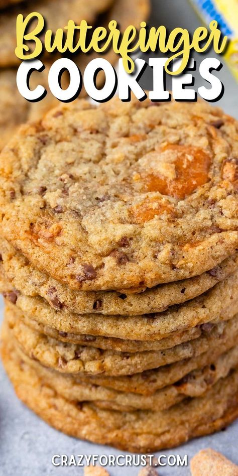 Butterfinger Chips Recipes, Butterfinger Chocolate Chip Cookies, Butterfinger Cake Mix Cookies, Butterfinger Recipes, Butterfinger Cookies, Finger Cookies, Butterfinger Candy, The Best Chocolate Chip Cookies, Crazy For Crust