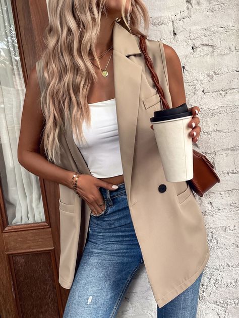 Khaki Elegant Collar Sleeveless Fabric Plain Regular Embellished Non-Stretch  Women Suits No Sleeve Blazer Outfit, Cut Blazer Outfit, Sleeveless Blazer Outfit, Vest Outfit Women, Waistcoat Fashion, Casual Oufits, Double Breasted Vest, Women Suits, Vest Blazer