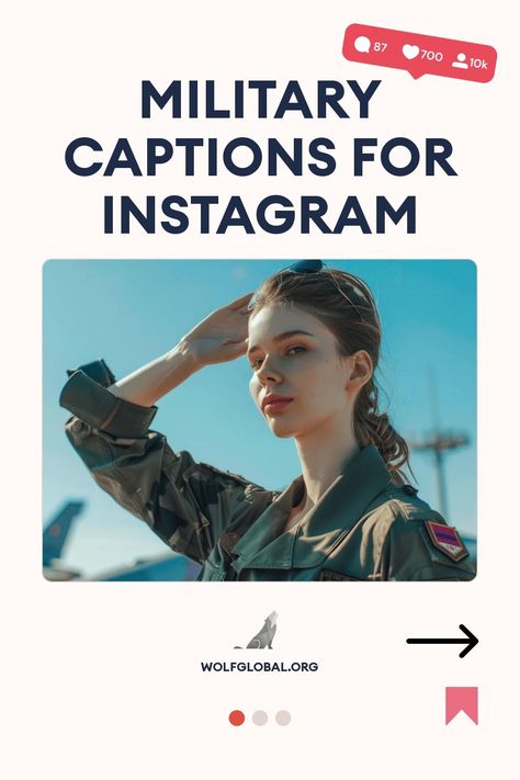 Promotional graphic for military captions on Instagram featuring a saluting woman in uniform.
A graphic with a checklist of motivational military-themed statements, a call-to-action button, and a website URL.
A smiling woman with a laptop surrounded by social media icons advertising a free Instagram engagement service. Army Captions For Instagram, Njrotc Aesthetic, Army Motto, Movie Captions, Army Basic Training, Soldier Quotes, Army Baby, Baby Captions, Tagging Quotes