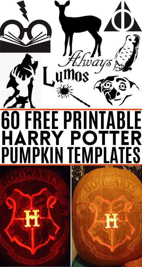 The ULTIMATE list of free Harry Potter pumpkin carving templates! The best ideas, including easy stencils for beginners and more complex designs for advanced pumpkin carvers! These printable patterns include the Deathly Hallows, spells, quotes, Hogwarts houses, characters and more! You'll find free stencils for Lumos, Dobby, the Deathly Hallows, Hogwarts, the houses of Slytherin, Gryffindor, Hufflepuff and Ravenclaw, plus tons of other free printables inspired by your favorite books and movies! Slytherin Pumpkin Carving, Dobby Pumpkin Carving Stencil, Deathly Hallows Pumpkin Carving, Easy Harry Potter Pumpkin Carving, Dobby Pumpkin Carving, Advanced Pumpkin Carving Templates, Complex Pumpkin Carving Ideas, Free Pumpkin Stencils Printables, Free Pumpkin Stencil