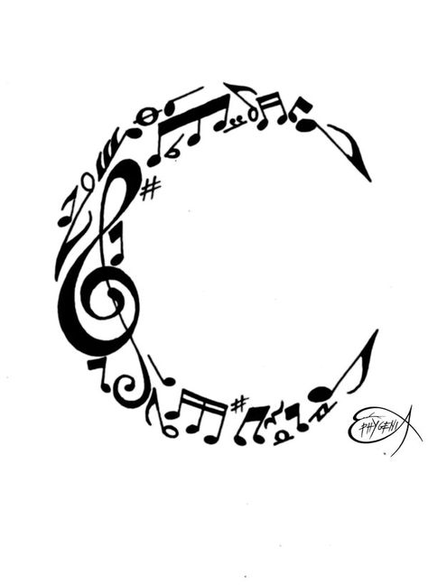 Music notes C monogram in the shape of a crescent moon can also be used as a tattoo or logo. - DdO:) MOST POPULAR RE-PINS -  http://www.pinterest.com/DianaDeeOsborne/logic-math-music - LOGIC & MATH & MUSIC Pinterest Board. Emblem includes treble cleft, 16th notes, flats, sharps,  and musical rest notations. Pin via Amy Wates. ARTIST CREDIT: PHIHEGI (signed copy) Music Note Moon Tattoo, Skull Music Note, Burnt Hats, Cricut Stencil, Music Doodle, Logo Description, Music Notes Tattoo, Music Notes Art, Music Note Tattoo