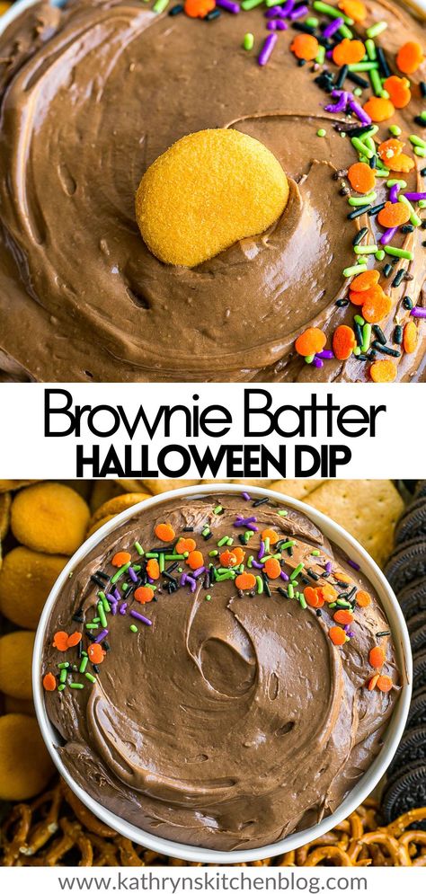 This creamy Brownie Batter Dip is a fun, easy, and super quick dessert to make for large gatherings, parties, and Halloween. Made with only 4 ingredients and served with your favorite dippers! Spooky Night Appetizers, Halloween Party Chips And Dip, Halloween Party Appiterzers, Snacky Foods Easy, Spooky Foods For Halloween Potluck, Fall Dip Dessert, Office Halloween Food Ideas, Fall Halloween Food Ideas, Easy Diy Halloween Desserts