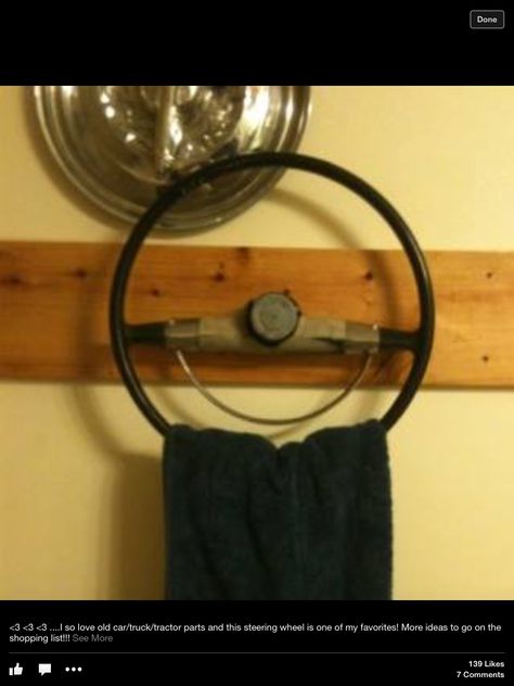 Old steering wheel towel rack Car Part Art, Car Parts Decor, Old Car Parts, Diy Projects For Men, Garage Bathroom, Man Cave Bathroom, Car Part Furniture, Automotive Furniture, Car Furniture