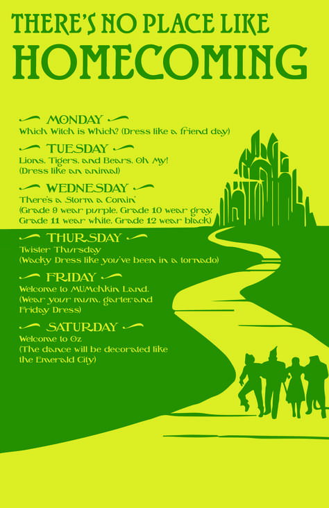 There’s No Place Like Homecoming Theme, Wizard Of Oz Spirit Week Ideas, Fun Homecoming Themes, No Place Like Homecoming Theme, College Homecoming Themes, Hocoming Ideas Theme, Hoco Dress Up Days Ideas For School, Gymnasium Decorating Ideas, High School Themes Spirit Weeks