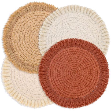 PRICES MAY VARY. Highly Quality Trivets Set: Our pot holders come in a set of 4 that are made from pure natural cotton by weaving. Macrame hot pads side with tassels create a beautifully elegant and rustic round design and add a natural soft touch to your dining room. Durable and Heat Resistant: The farmhouse trivet set provides the perfect eco-friendly insulation against heat for your dining table, compared with silicone insulation pads, they have stronger heat resistance which will not melt. F Neutral Fall Decor Ideas, Boho Placemats, Fall Pots, Farmhouse Placemats, Natural Placemats, Coloring Placemats, Neutral Fall Decor, Kitchen Table Decor, Bohemian Colors