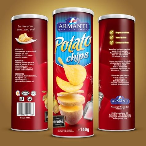 Give a label to our new Armanti Chips in tins! Design by tomdesign.org Nutribullet Blender, Potato Chips, Product Packaging, Bottle Labels, Bottle Design, Packaging Design, New Product, Potato, Chips