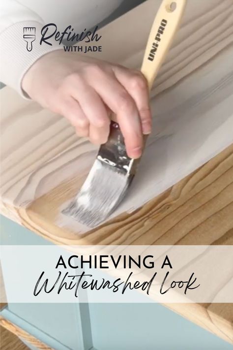 Our step-by-step guide reveals the tricks to mix and apply a paint wash for a stunning whitewashed timber finish. Ready to elevate your home? Head to our blog now! #HowToPaint #Howtowhitewash #RefinishingFurnitures #FurnitureMakeovers #BeforeAndAfter #DIYInspiration #DIYFurniture #UpcycledFurniture #DIYHome #DesignInspiration #RefinishWithJade How To White Wash Wood Diy, White Wash Painting Technique, Whitewash Oak Dresser, White Wash With Chalk Paint, Whitewash Furniture Before And After, Whitewash Furniture Diy, Diy White Wash Wood, Paint Washing Furniture, How To Paint Wash Furniture