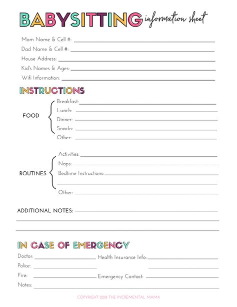 Download free babysitting information printable. This babysitter information sheet simplifies life and assures that you babysitter is prepared. #babysittingprintable #parenting #freeprintable Babysitting Prices, Babysitter Information Sheet, Babysitter Printable, Babysitter Checklist, Babysitting Hacks, Babysitting Kit, Babysitter Notes, Babysitting Ideas, Babysitting Activities