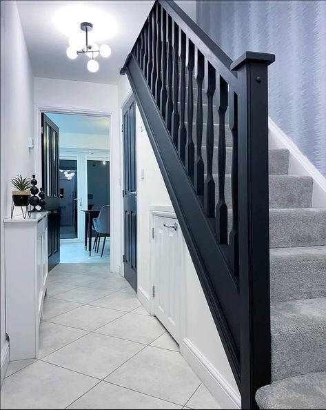 Stairs And Hallway Ideas, Black And White Stairs, Black Staircase, Stair Paneling, Grey Hallway, White Hallway, Staircase Interior Design, White Staircase, Black Stairs