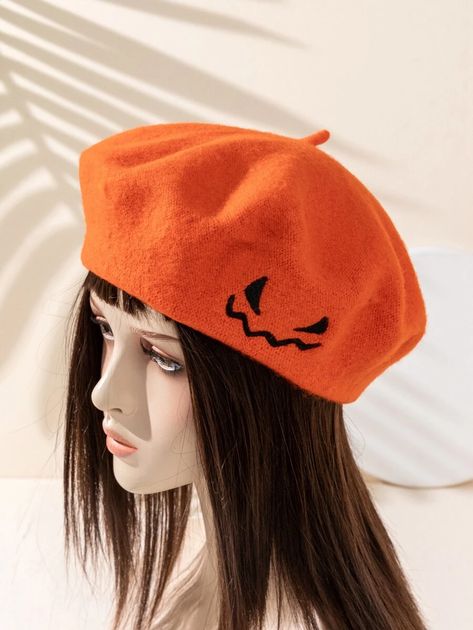 Halloween Pumpkin Embroidery Beret | SHEIN USA Embroidered Beret, Mascaras Halloween, Wool Hat Knit, Hat Beret, Vintage Inspired Outfits, Ghost Faces, Beret Hat, Knit Cap, Knit Hat