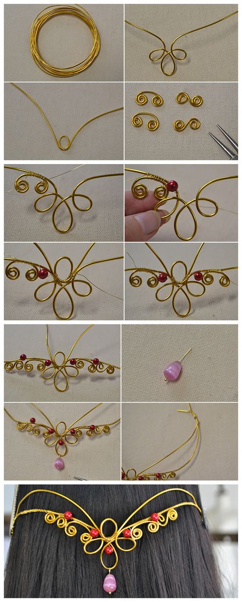 #Beebeecraft tutorials on How to Make a Golden #BridalHeadpiece with Wires and Beads Diy Crown Jewelry, Golden Wire Art, Craft Crown Ideas, Wire Wrapped Crown Tiaras, Diy Wire Circlet, How To Make A Fairy Crown, Tiara Diy Tutorials, How To Make Rings Out Of Wire And Beads, Wire Tiara Tutorial