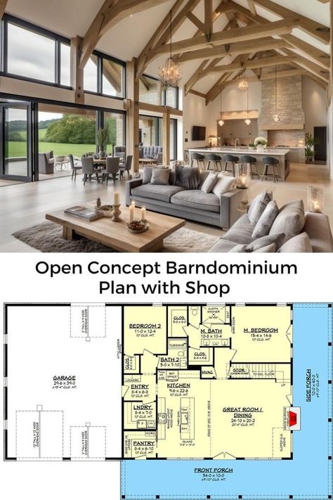 One Floor Barndominium Plans, Barndo Open Concept, 4bedroom Barndominium Plans, Open Living Floor Plan, Best House Floor Plans, Floor Plans For Barndominium, Barndominium Ideas Small Floor Plans, Barndominium Style Homes, Barndo Open Floor Plans