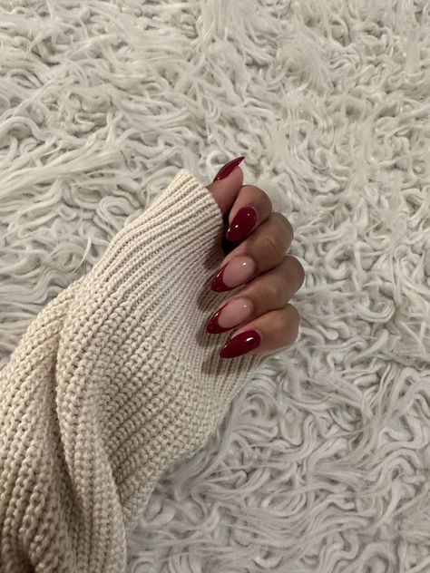 Merlot French Tip Nails, Red Nails September, Deep Red Wine Nails, Nails 2023 Trends Winter Christmas, Almond Nails Aesthetic Winter, Rich Aesthetic Nails, Maroon Nails Acrylic Burgundy, Mixed French Tip And Solid Nails, Winter Red Nails 2023 Trends