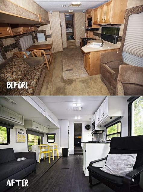 Before and after RV living renovation Kombi Motorhome, Camper Trailer Remodel, Caravan Renovation, Tiny Camper, Diy Camper Remodel, Rv Makeover, Diy Rv, Travel Trailer Remodel, Rv Renovations