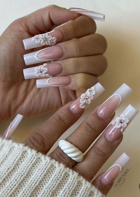 White Nails Ideas Square, White French Tip Nails With Design Ideas, Cheap Nail Ideas, Frenchies Nails, Bejeweled Nails, Nails Miami, White Frenchies, Long White Nails, Bold Nails